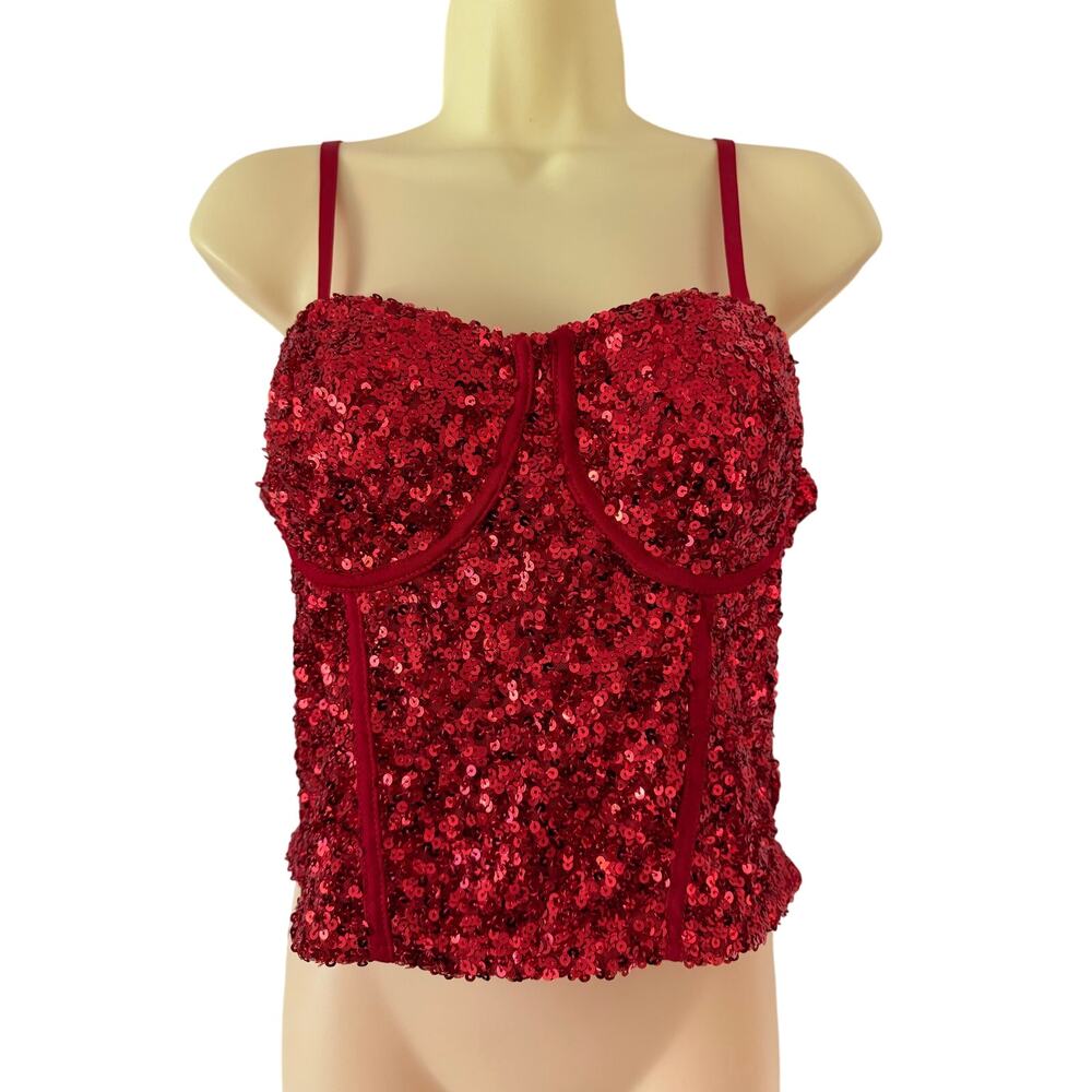No Boundaries Red Sequin Corset Top Woman Size Large Holiday Party Sparkly